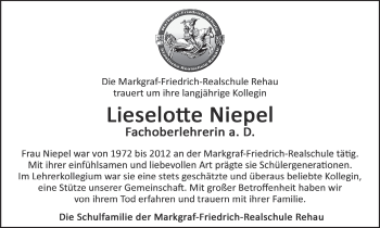 Traueranzeige von Lieselotte Niepel von Frankenpost