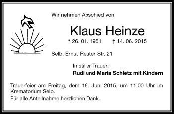 Traueranzeige von Klaus Heinze von Frankenpost