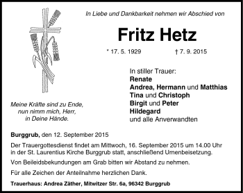 Traueranzeige von Fritz Hetz von Neue Presse Coburg