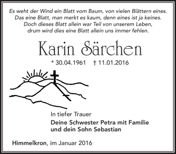 Traueranzeige von Karin Särchen von Südthüringer Presse