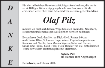 Traueranzeige von Olaf Pilz von Südthüringer Presse