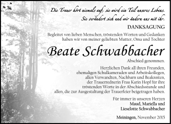 Traueranzeige von Beate Schwabbacher von Südthüringer Presse