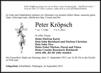 Traueranzeige von Peter Kröpsch von Südthüringer Presse