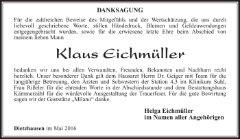 Traueranzeige von Klaus Eichmüller von Südthüringer Presse