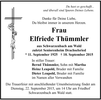 Traueranzeige von Elfriede Thümmler von Frankenpost