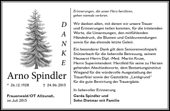 Traueranzeige von Arno Spindler von Südthüringer Presse
