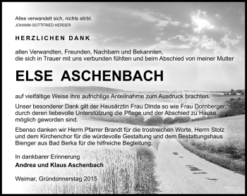 Traueranzeige von Else Aschenbach von Südthüringer Presse