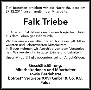 Traueranzeige von Falk Triebe von Südthüringer Presse
