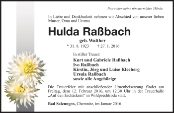 Traueranzeige von Hulda Raßbach von Südthüringer Presse