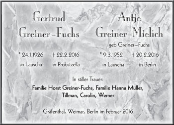 Traueranzeige von GertrudAntje Greiner-FuchsGreiner-MIelich von Südthüringer Presse