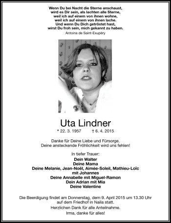 Traueranzeige von Uta Lindner von Frankenpost