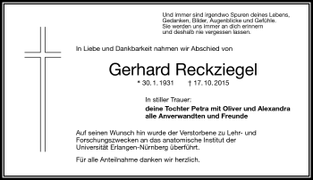 Traueranzeige von Gerhard Reckziegel von Frankenpost