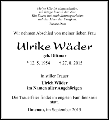 Traueranzeige von Ulrike Wäder von Südthüringer Presse