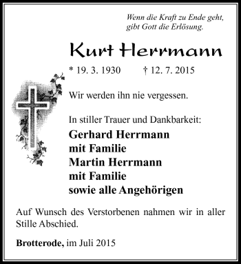 Traueranzeige von Kurt Herrmann von Südthüringer Presse
