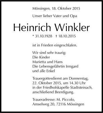 Traueranzeige von Heinrich Winkler von Frankenpost