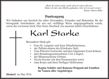 Traueranzeige von Karl Starke von Südthüringer Presse