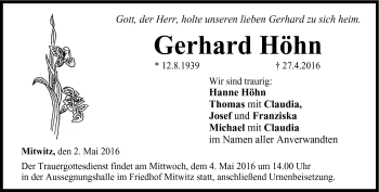 Traueranzeige von Gerhard Höhn von Neue Presse Coburg