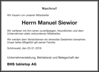 Traueranzeige von Manuel Siewior von Frankenpost