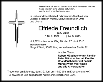 Traueranzeige von Elfriede Freundlich von Frankenpost
