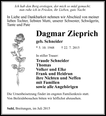 Traueranzeige von Dagmar Zieprich von Südthüringer Presse