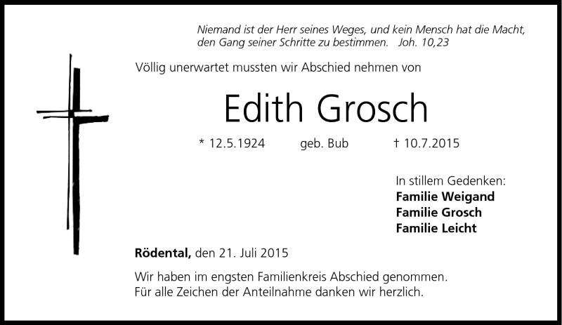  Traueranzeige für Edith Grosch vom 21.07.2015 aus Neue Presse Coburg