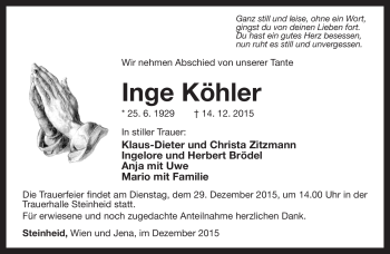 Traueranzeige von Inge Köhler von Südthüringer Presse