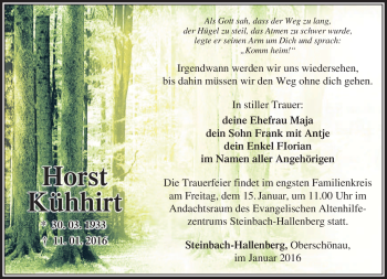 Traueranzeige von Horst Kühhirt von Südthüringer Presse