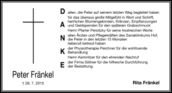 Traueranzeige von Peter Fränkel von Frankenpost