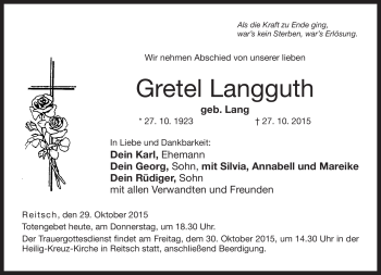 Traueranzeige von Gretel Langguth von Neue Presse Coburg