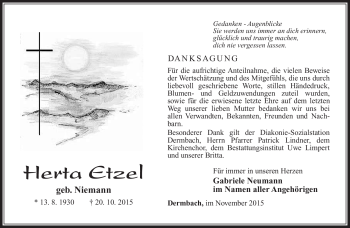 Traueranzeige von Herta Etzel von Südthüringer Presse