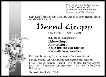 Traueranzeige von Bernd Gropp von Südthüringer Presse