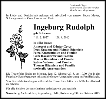 Traueranzeige von Ingeburg Rudolph von Südthüringer Presse