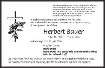 Traueranzeige von Herbert Bauer von Frankenpost