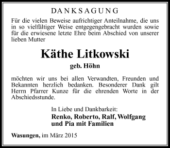 Traueranzeige von Käthe Litkowski von Südthüringer Presse