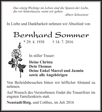 Traueranzeige von Bernhard Sommer von Südthüringer Presse
