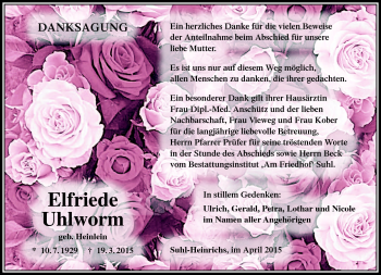 Traueranzeige von Elfriede Uhlworm von Südthüringer Presse