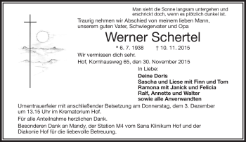Traueranzeige von Werner Schertel von Frankenpost