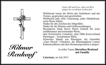 Traueranzeige von Hilmar reukauf von Südthüringer Presse