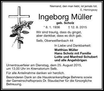 Traueranzeige von Ingeborg Müller von Frankenpost