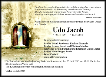 Traueranzeige von Udo Jacob von Südthüringer Presse