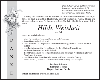 Traueranzeige von Hilde Weisheit von Südthüringer Presse