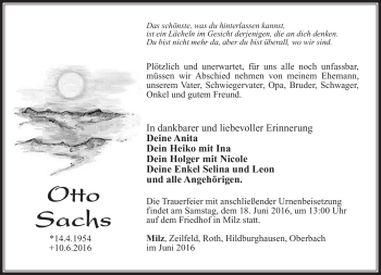 Traueranzeige von Otto Sachs von Südthüringer Presse