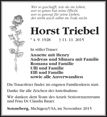 Traueranzeige von Horst Triebel von Südthüringer Presse