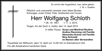 Traueranzeige von Wolfgang Schloth von Frankenpost