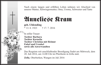 Traueranzeige von Anneliese Kram von Südthüringer Presse