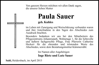 Traueranzeige von Paula Sauer von Südthüringer Presse