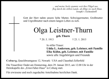 Traueranzeige von Olga Leistner-Thurn von Neue Presse Coburg