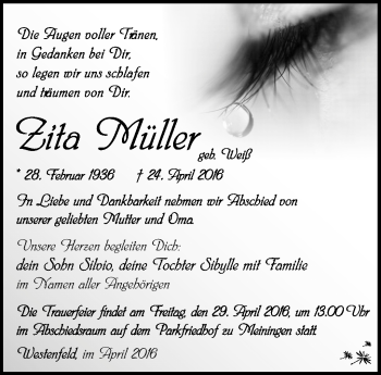Traueranzeige von Zita Müller von Südthüringer Presse