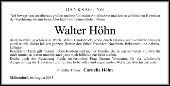 Traueranzeige von Walter Höhn von Südthüringer Presse