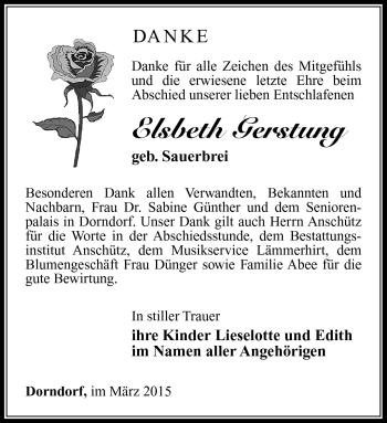 Traueranzeige von Elsbeth Gerstung von Südthüringer Presse